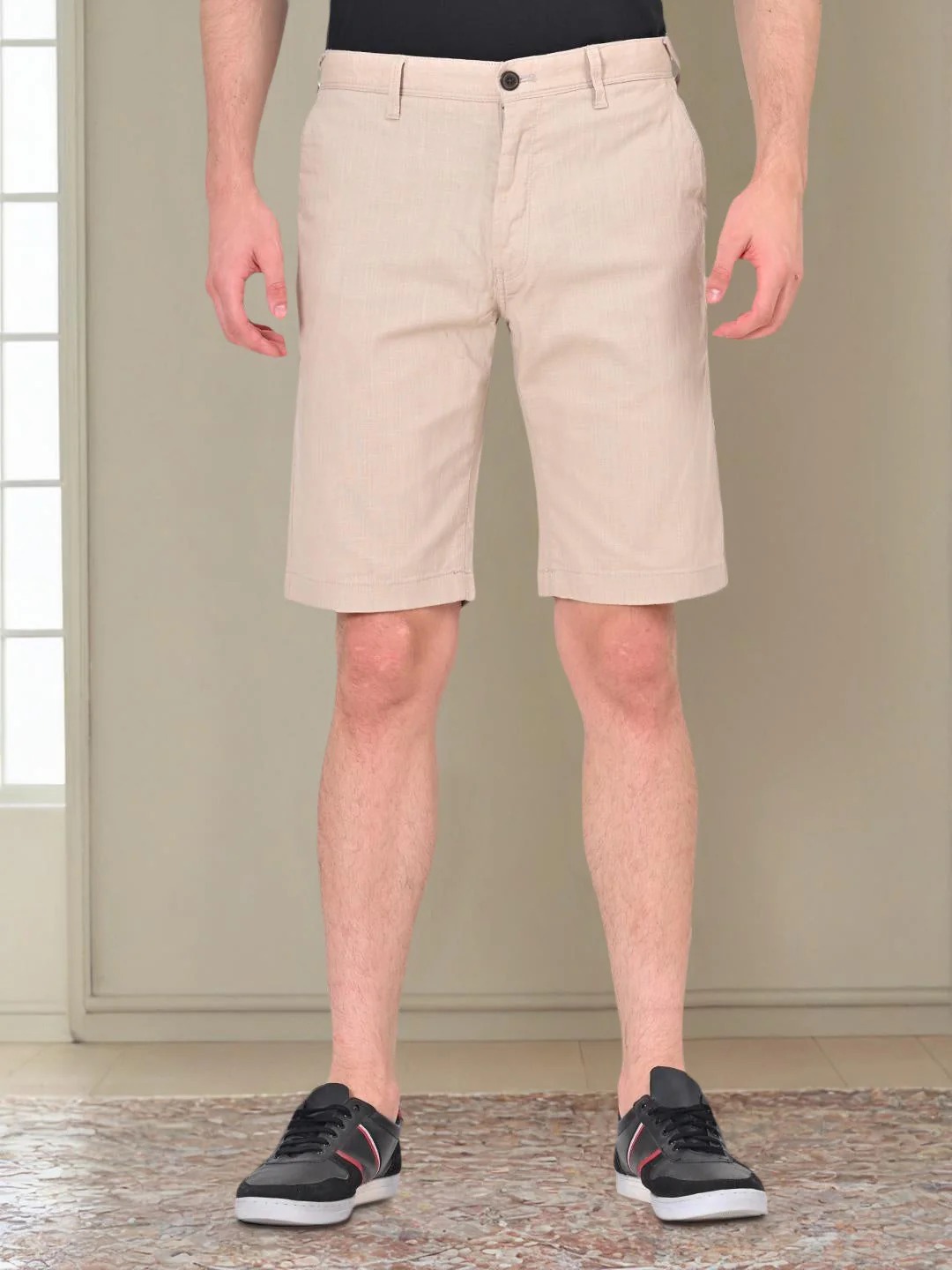 Indian Terrain Men's Regular Fit Solid Beige Shorts